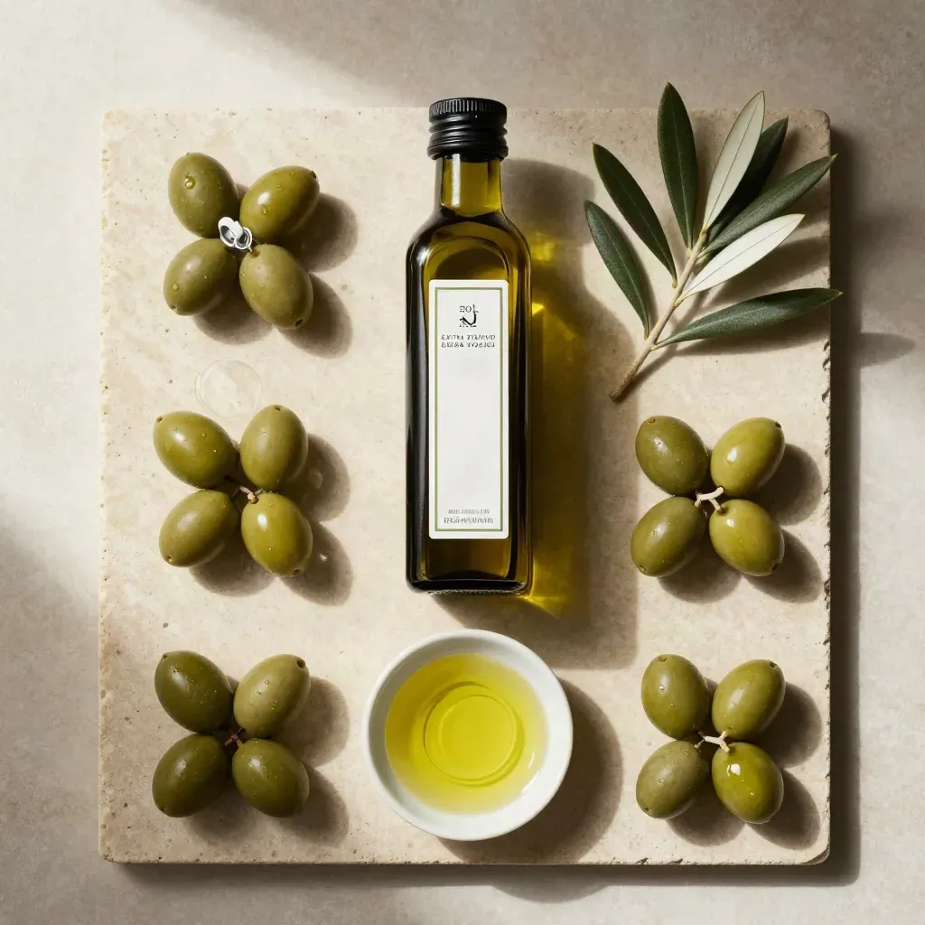 Botella de aceite de oliva, aceitunas verdes y rama de olivo sobre piedra clara, vista cenital.