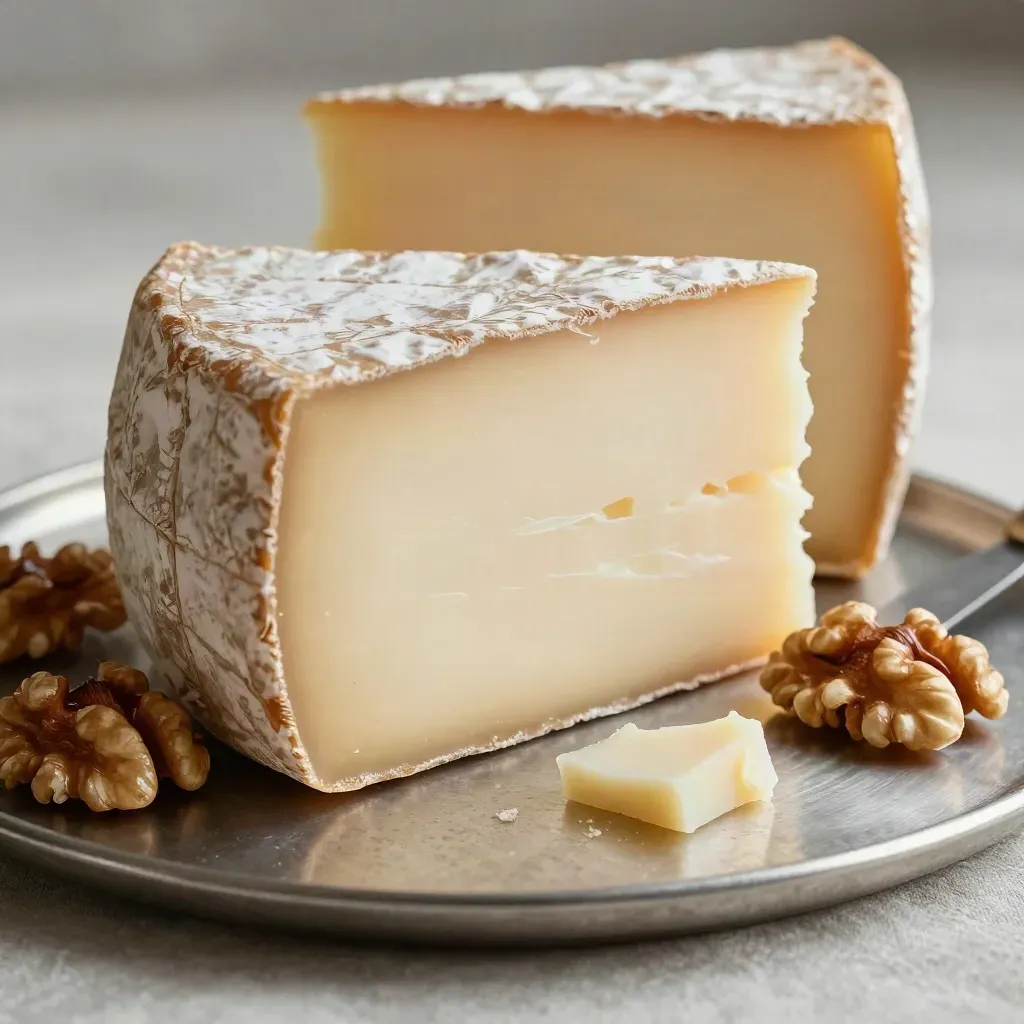 Cuña de queso curado de oveja con membrillo, nueces y cuchillo sobre piedra clara.