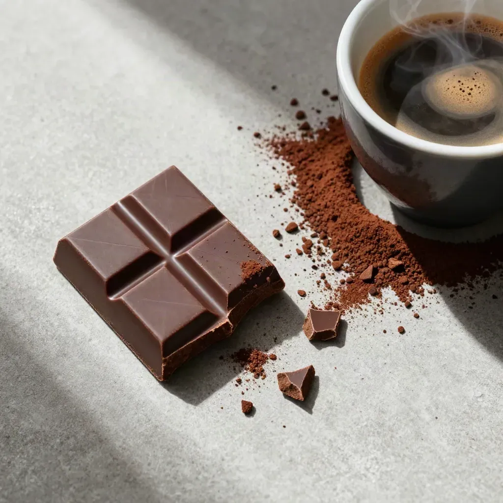 Tableta de chocolate negro rota con granos de cacao y taza de café humeante, vista cenital.