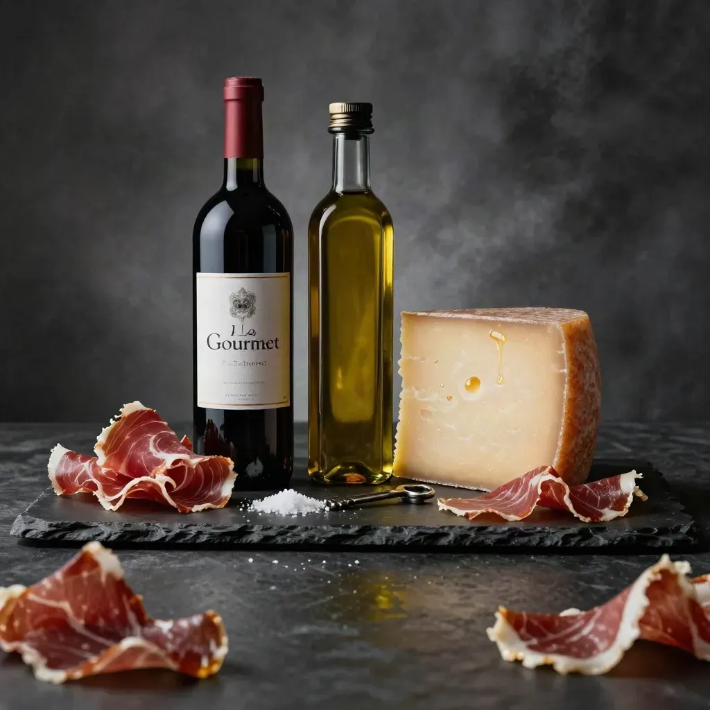 Pack gourmet con vino, aceite, queso y lomo sobre fondo oscuro, con luz dramática.