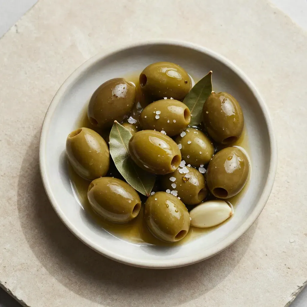 Aceitunas gordal aliñadas en cuenco con laurel, ajo y sal sobre piedra clara.