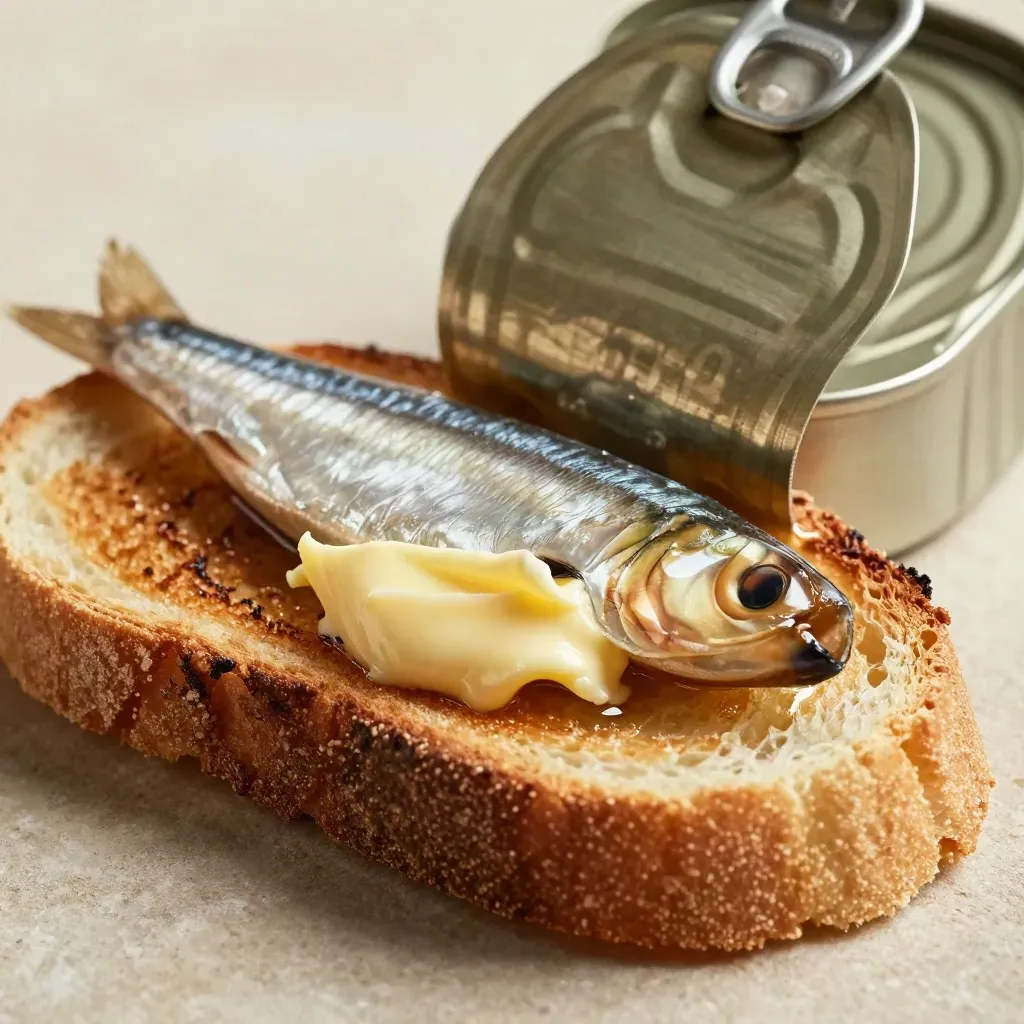 Macro de una anchoa sobre mantequilla batida y pan tostado, con lata metálica y luz rasante.