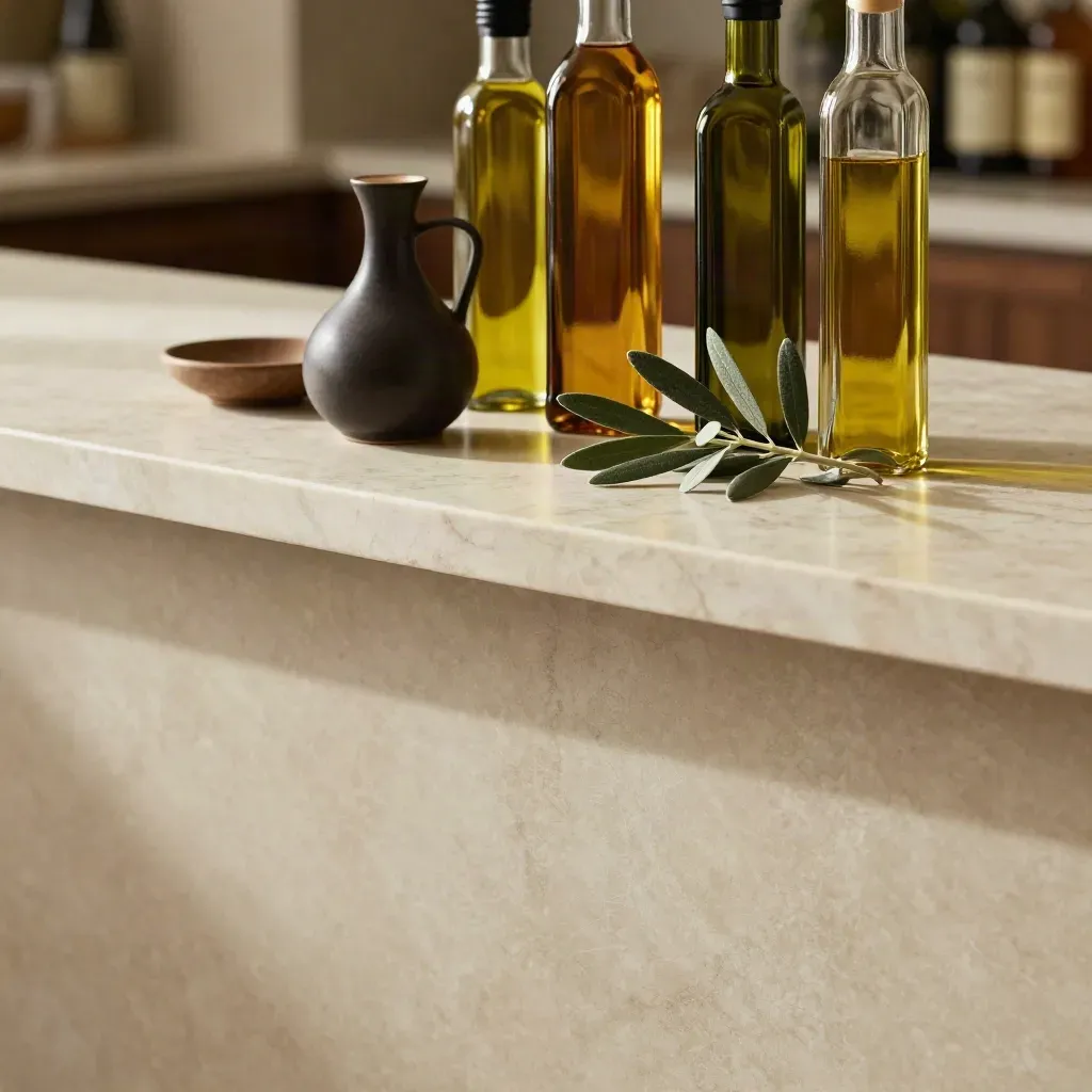Mesa de mármol crema con botellas de aceite y vinagre, ramas de olivo y luz suave.
